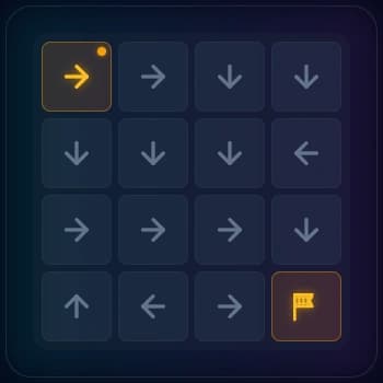 4x4 Arrow Maze starting puzzle with start at top-left and goal at bottom-right