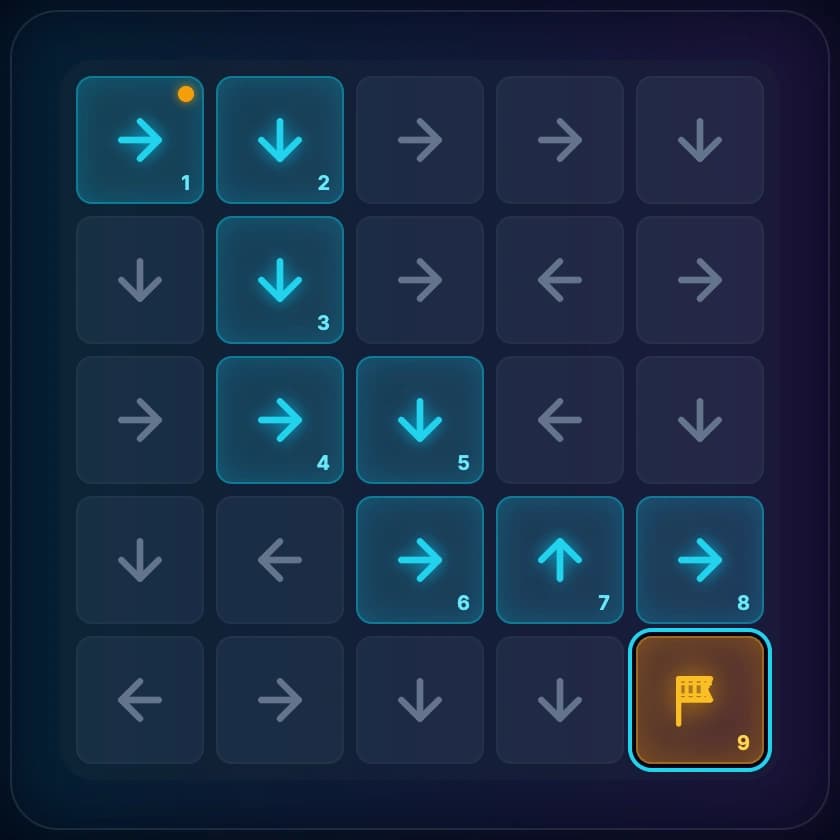 5x5 puzzle with solution corridor highlighted