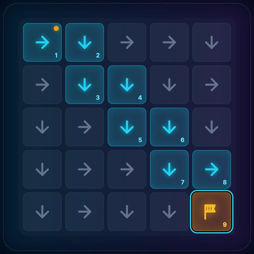 5x5 Arrow Maze with solution path shown