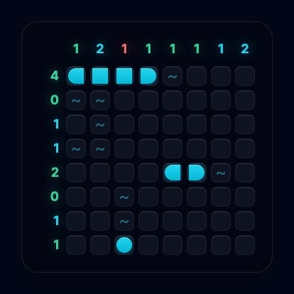 8x8 grid showing all Battleships ship types
