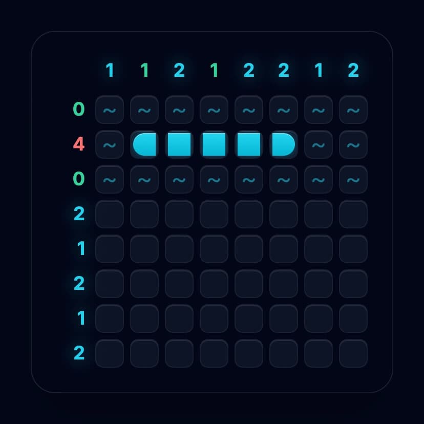 Battleships grid showing the only possible location for the battleship - all other potential spots are blocked by water or edge constraints