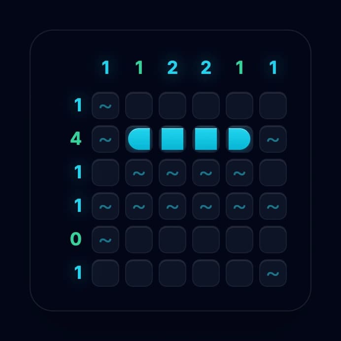 Battleships grid showing a row where clue equals available cells - all empty cells must be ships