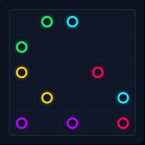A 5x5 Connect puzzle with 5 color pairs - unsolved starting state