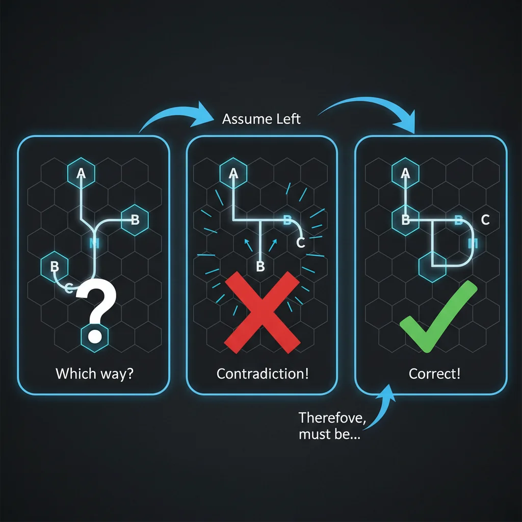 Three-panel sequence showing assumption testing: question, contradiction, resolution