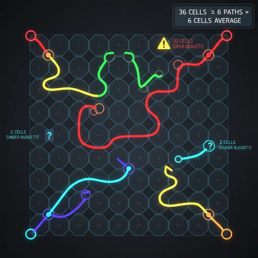 6x6 grid showing path budget calculation with one path taking too many cells
