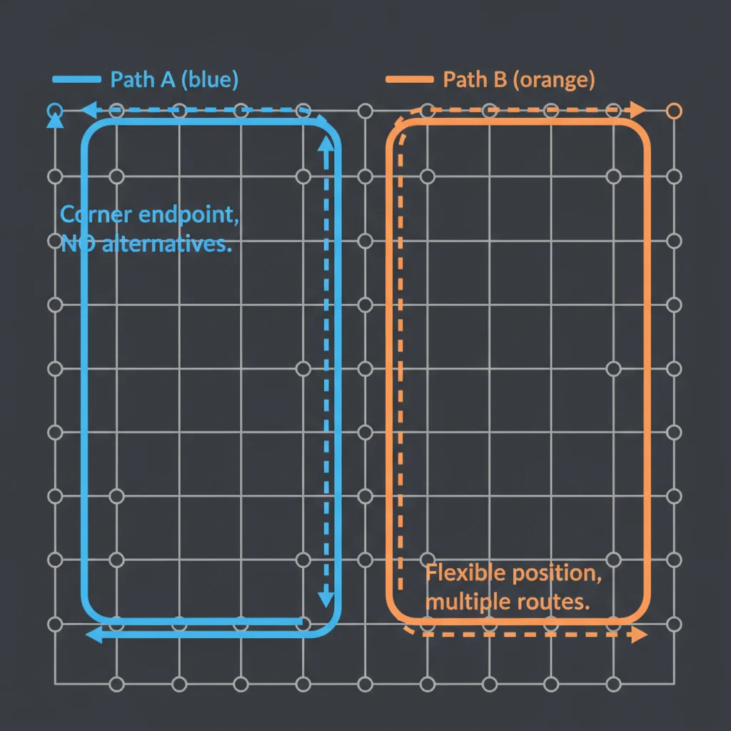 6x6 grid showing two paths competing for a narrow corridor