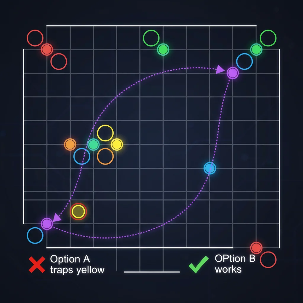 7x7 grid showing two route options - one that traps another endpoint and one that works
