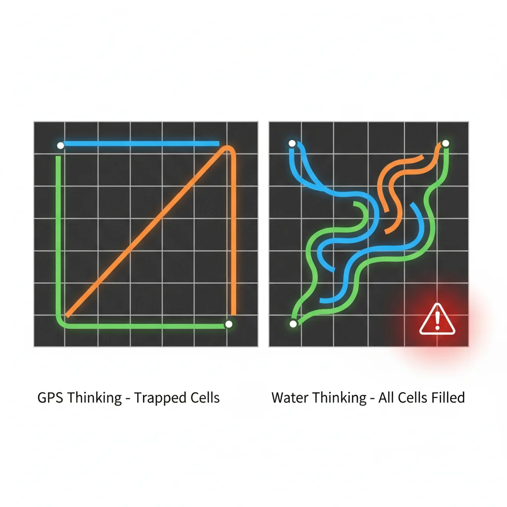 Comparison showing GPS-style direct paths creating trapped cells vs water-style flowing paths that fill space