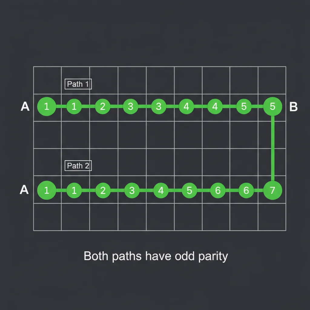 5x5 grid showing two paths between endpoints - both maintaining odd parity despite different routes