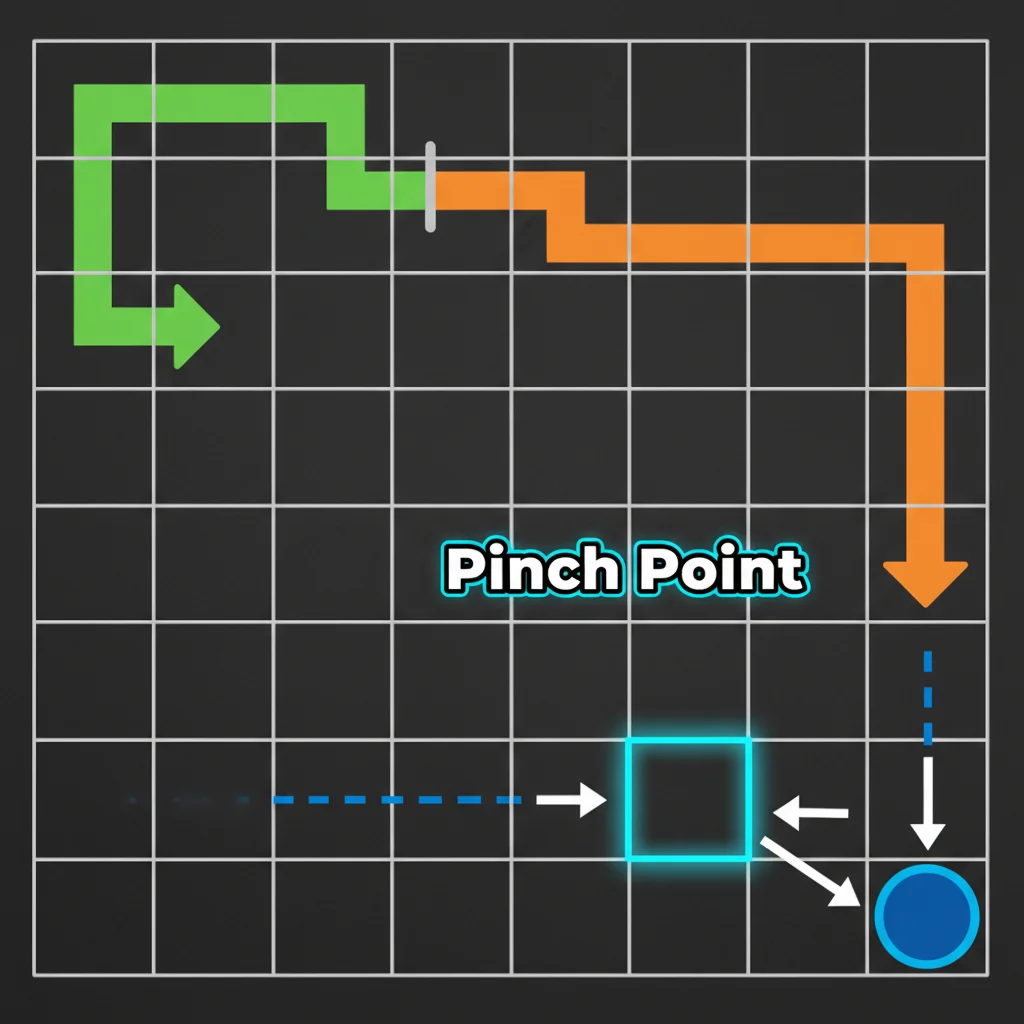 6x6 grid showing a pinch point where a path must pass through a single gap