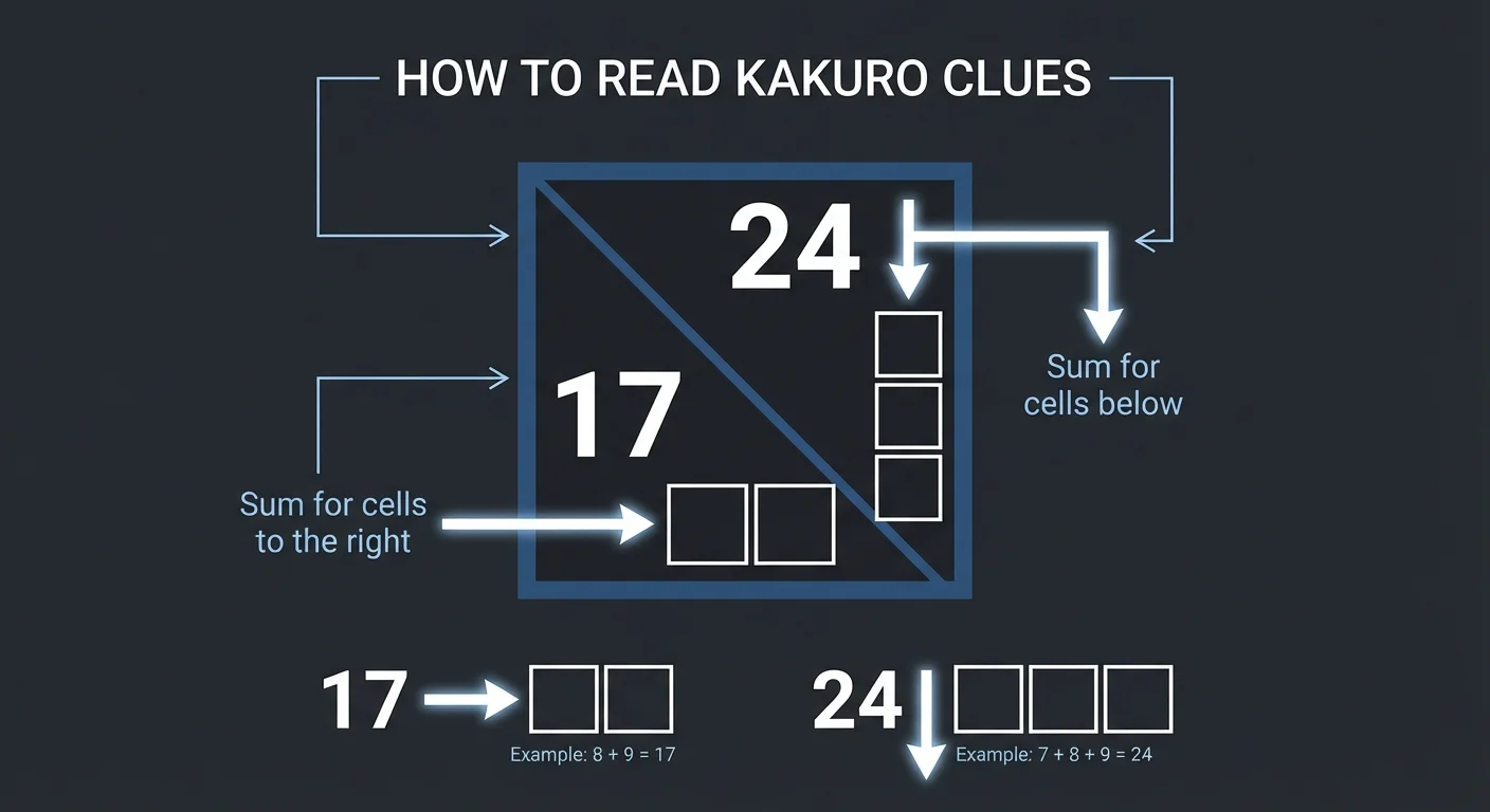 Diagram showing how to read Kakuro clues