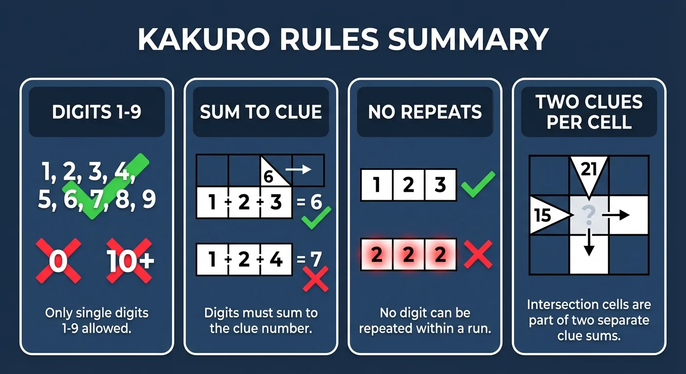 Visual summary of the four Kakuro rules