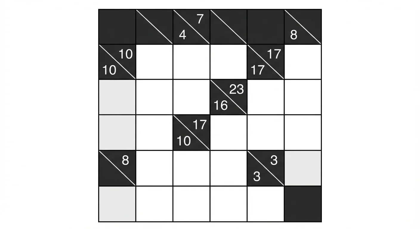 A sample 6x6 Kakuro puzzle grid showing the crossword-style layout