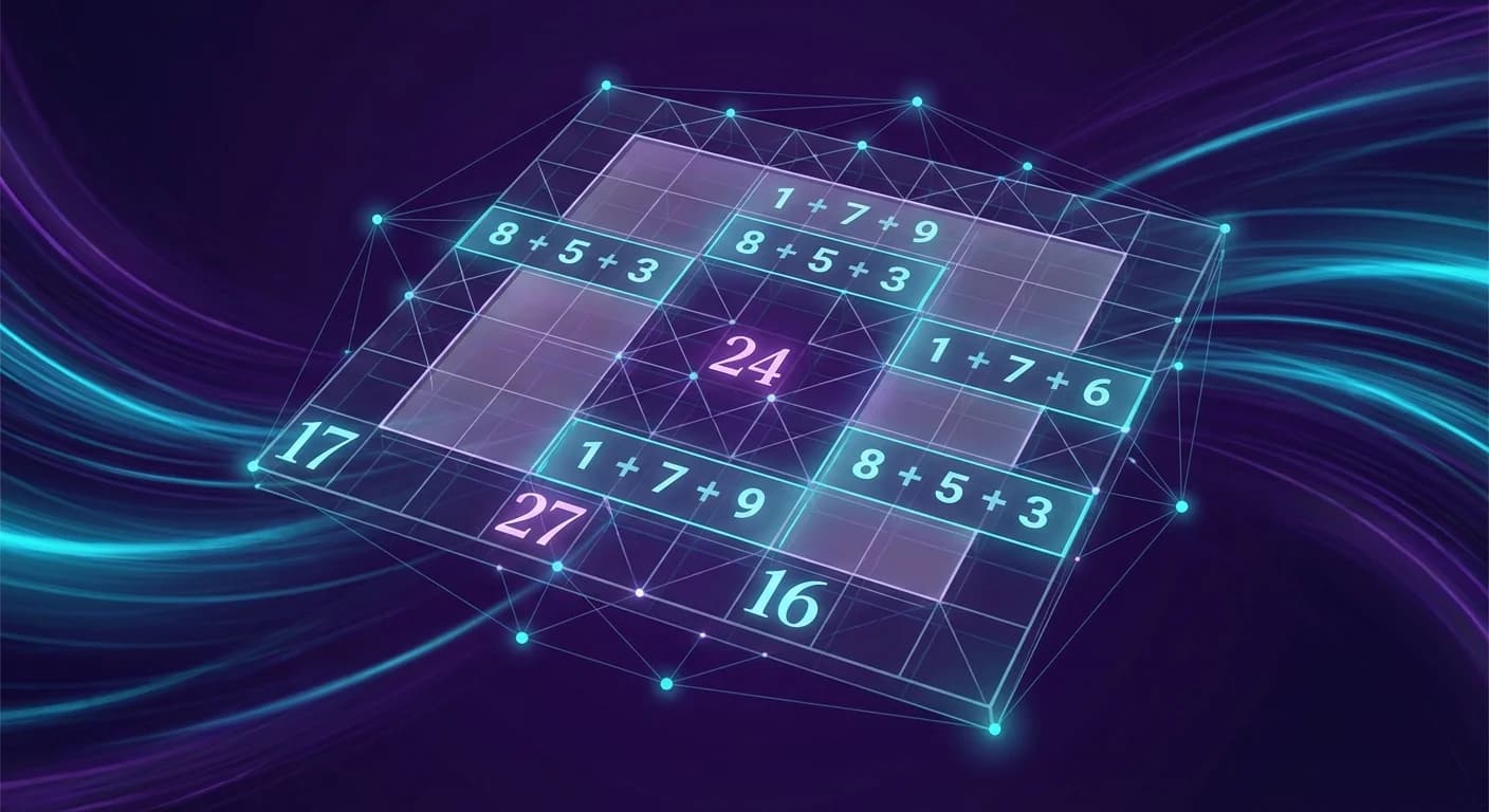 Kakuro puzzle grid with glowing number combinations