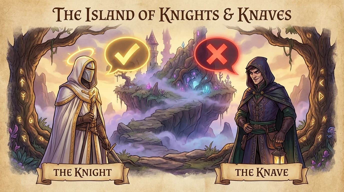 Knights and Knaves puzzle featuring truth-telling knights and lying knaves on a mysterious island