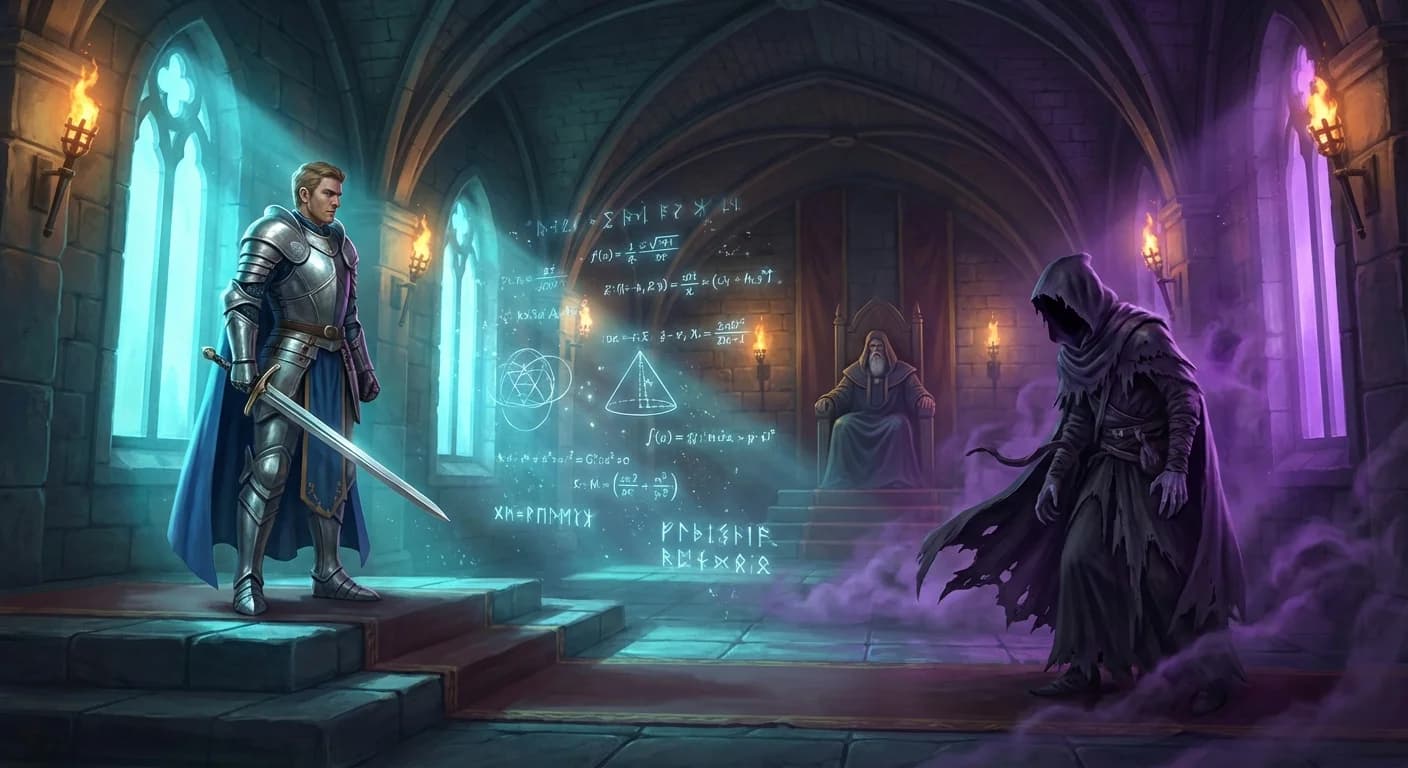Medieval courtroom with knight representing truth and shadowy figure representing deception