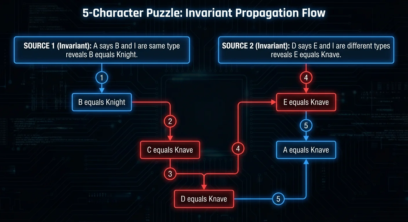 Logic flow diagram showing how invariants propagate through the five-character puzzle