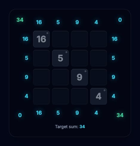 Starting 4x4 grid with main diagonal prefilled: 16, 5, 9, 4