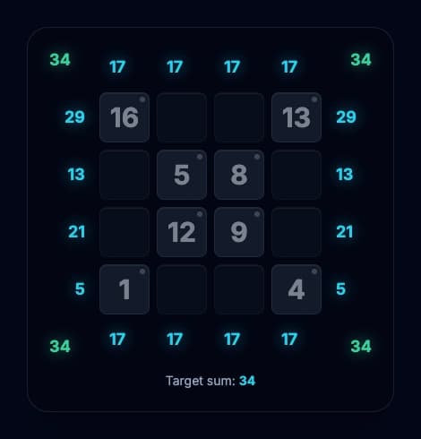 Puzzle with both diagonals filled: main (16,5,9,4) and anti (13,8,12,1)