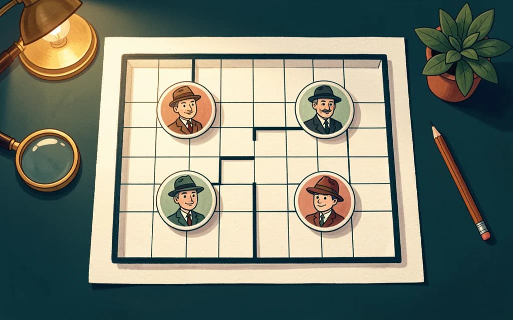 Illustrated detective desk with a room plan, suspect portraits and magnifying glass