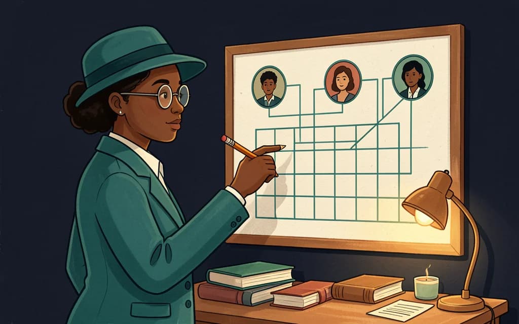 Gouache mystery illustration of a detective examining a floor plan and connecting suspect evidence