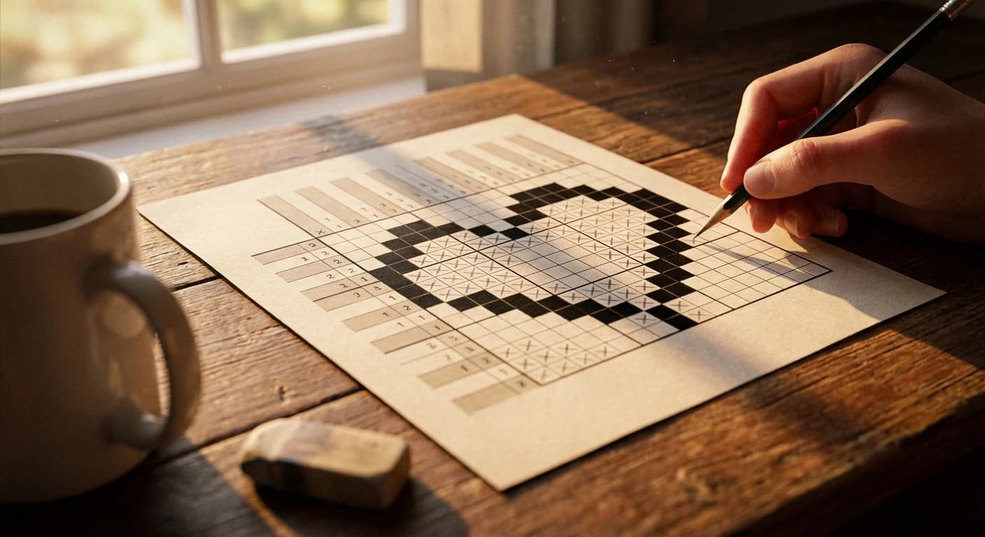 A partially completed nonogram puzzle revealing a pixel-art pattern