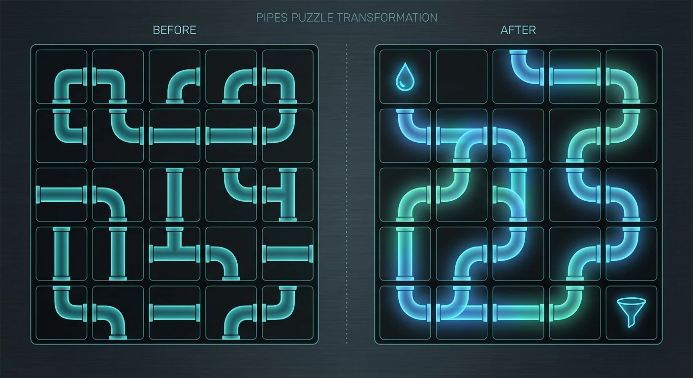 Pipes puzzle transformation showing scrambled pipes becoming a connected network