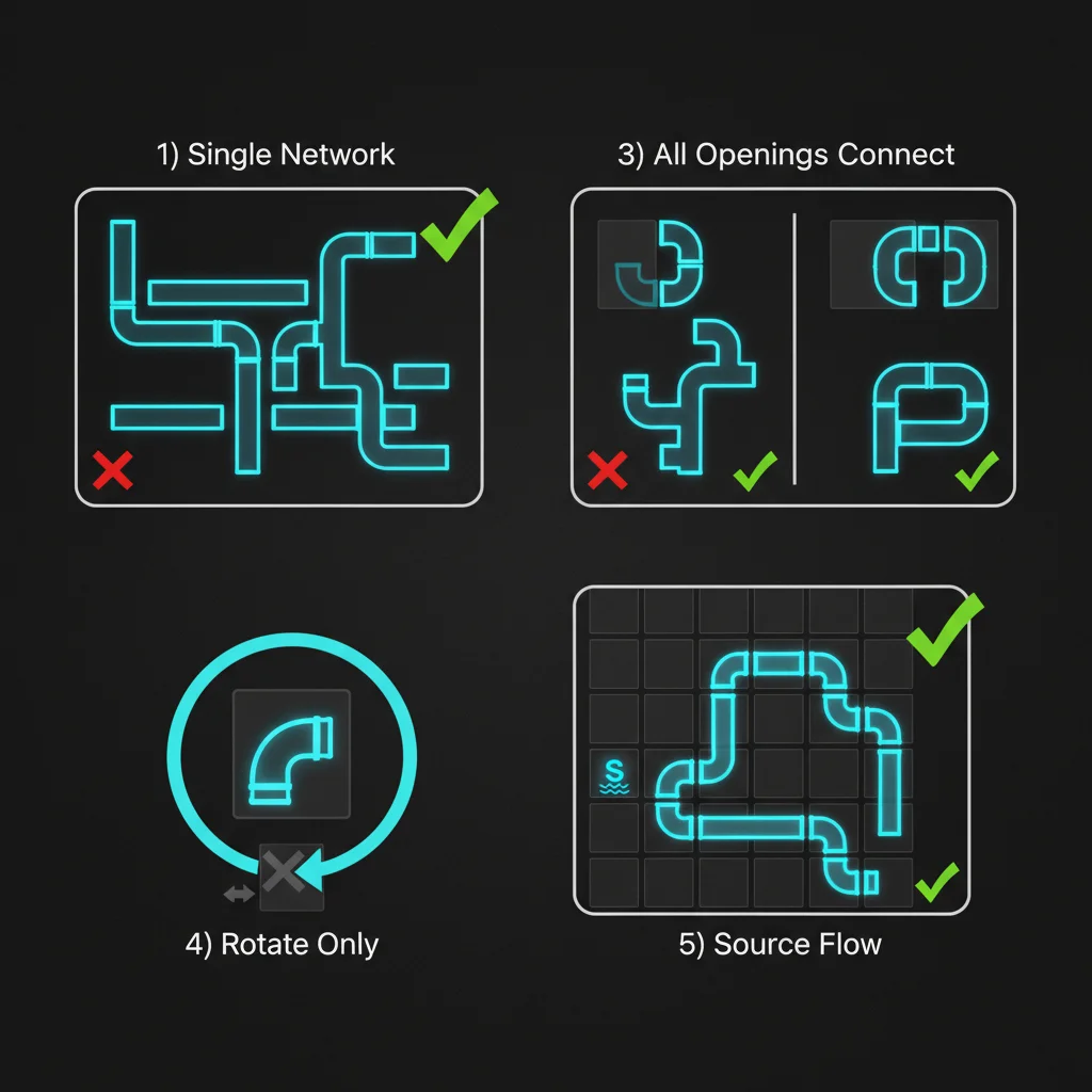 Visual summary of the five Pipes puzzle rules