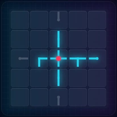 5x5 grid with cross pipe in center requiring all four neighbors to connect