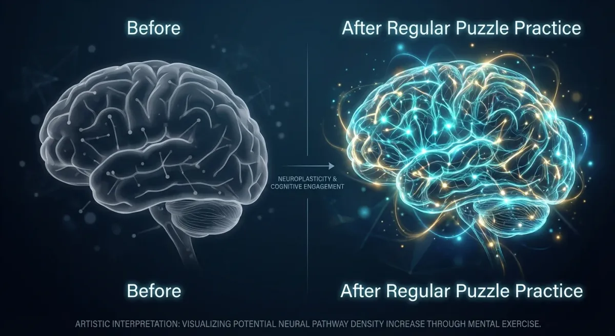 Before and after visualization of neural pathway density showing increased connections after regular puzzle practice