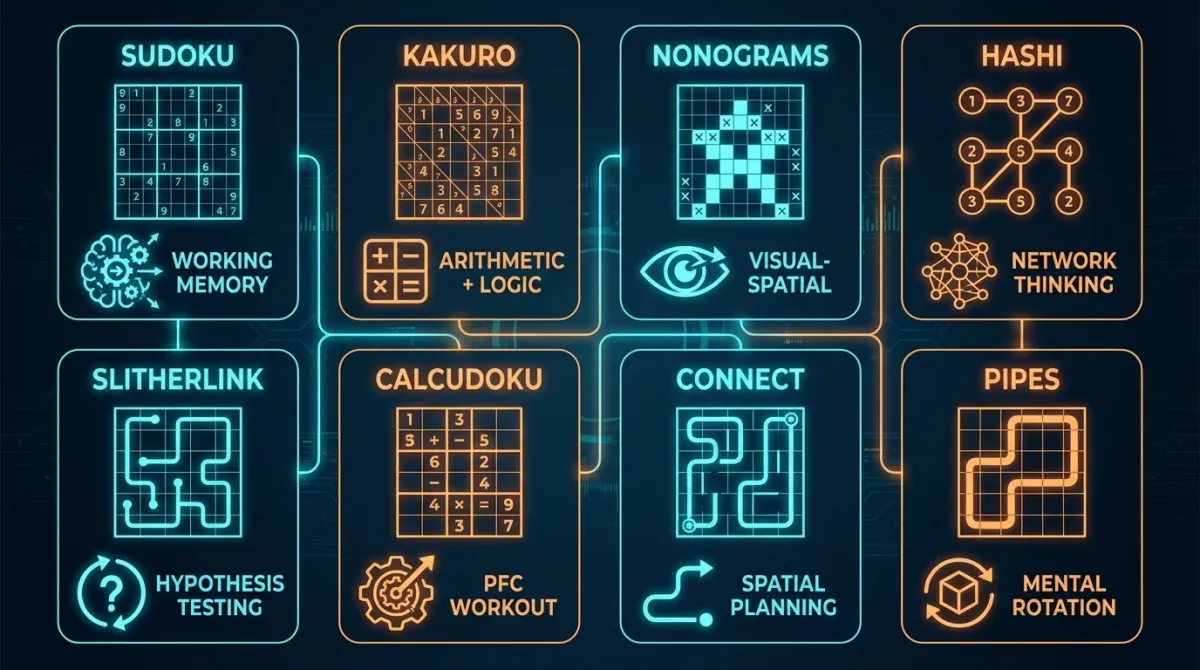Grid showing 8 puzzle types with icons representing the cognitive skills each exercises