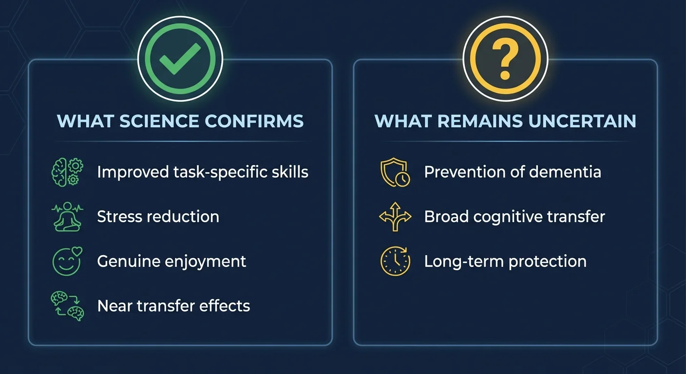 Infographic comparing what science confirms versus what remains uncertain about puzzle benefits
