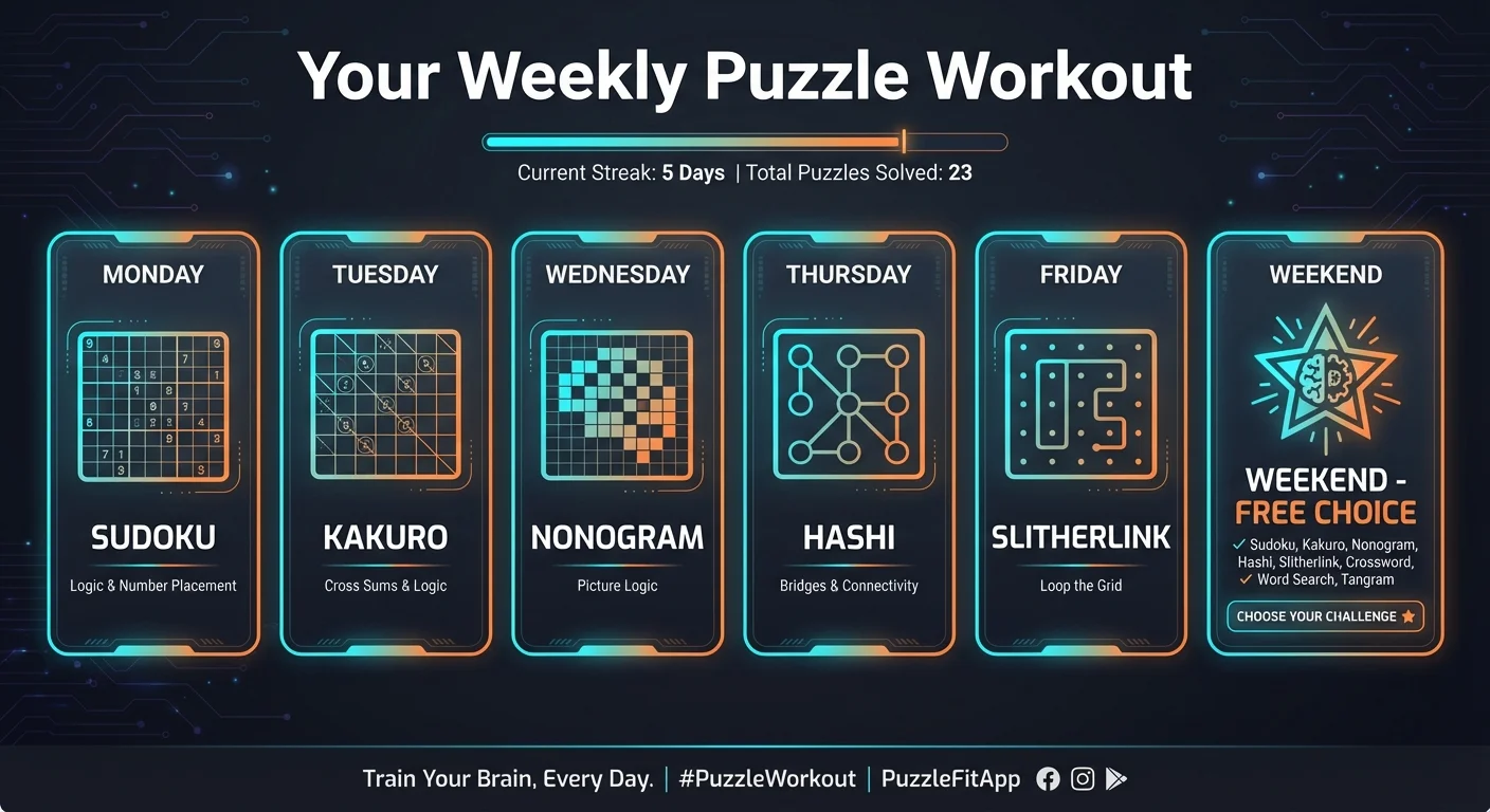Weekly puzzle workout calendar showing a suggested rotation of puzzle types for each day