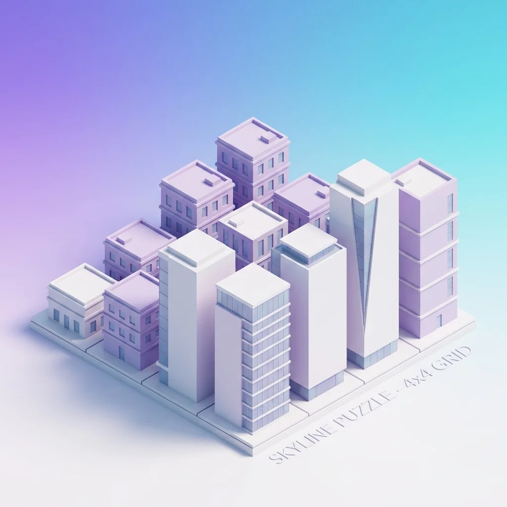 An isometric view of a miniature city skyline with buildings of varying heights