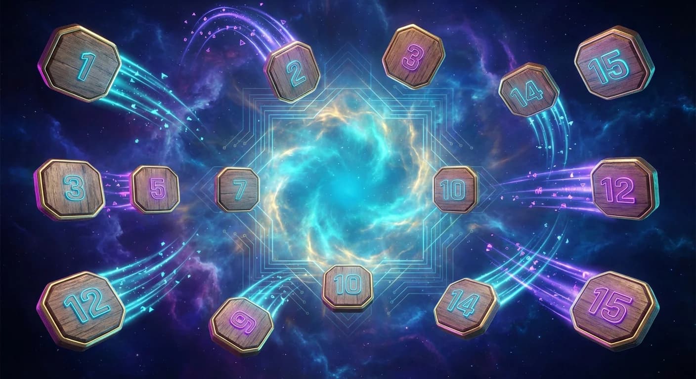 Abstract visualization of a 15-puzzle being solved with cosmic light trails