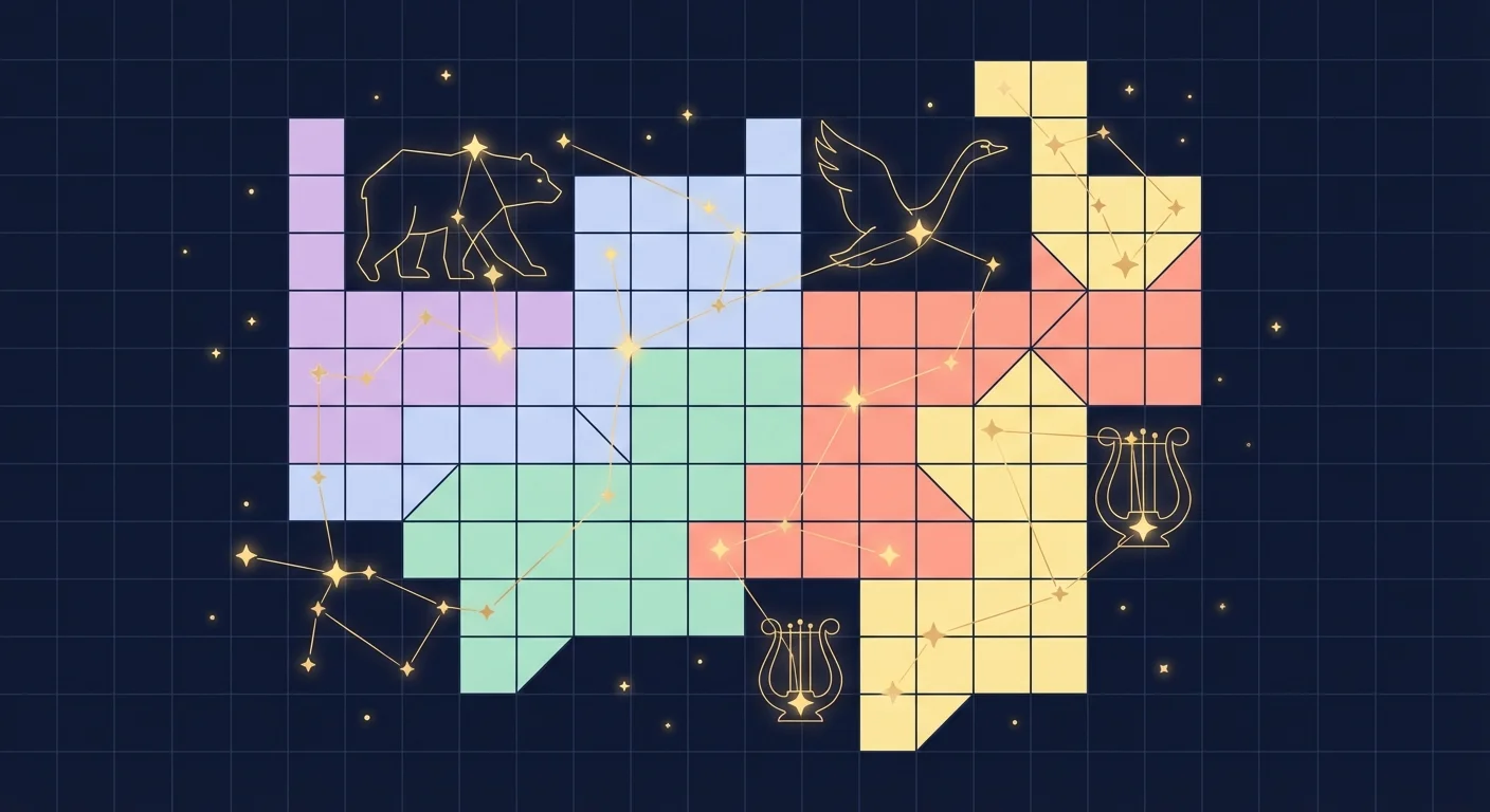Star Battle puzzle with constellation patterns emerging from a colorful grid