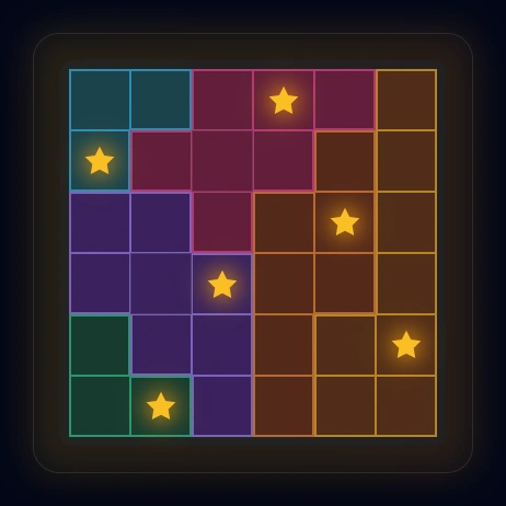 Complete 6x6 solution with all six stars: A(1,4), B(2,1), F(3,5), E(4,3), C(5,6), D(6,2)