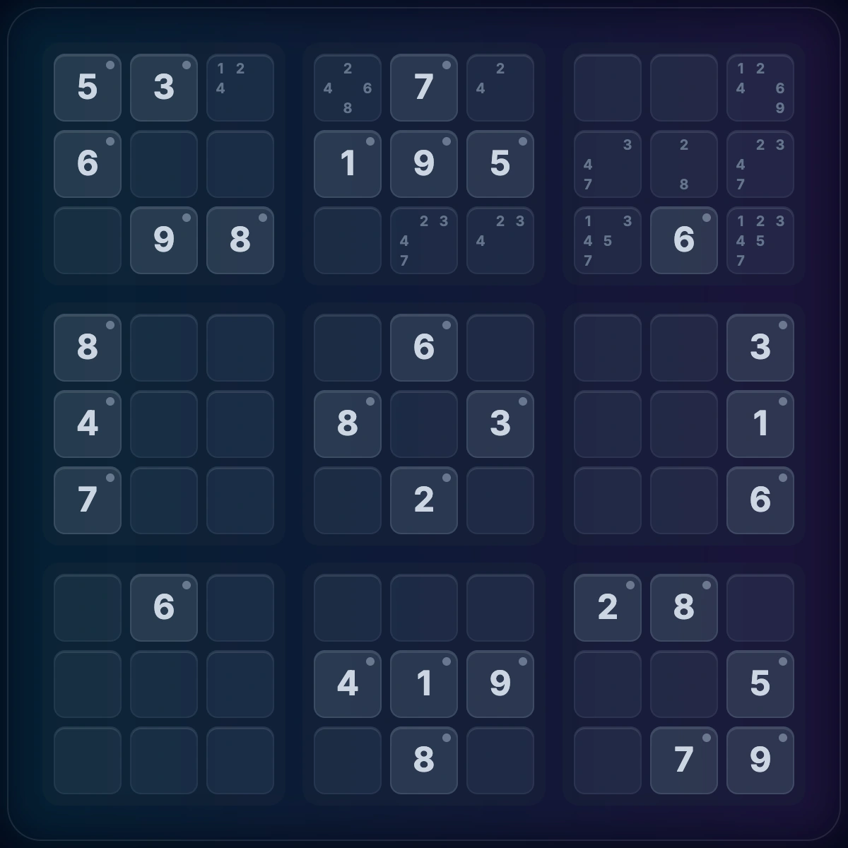 Sudoku grid with pencil marks showing candidates in multiple cells