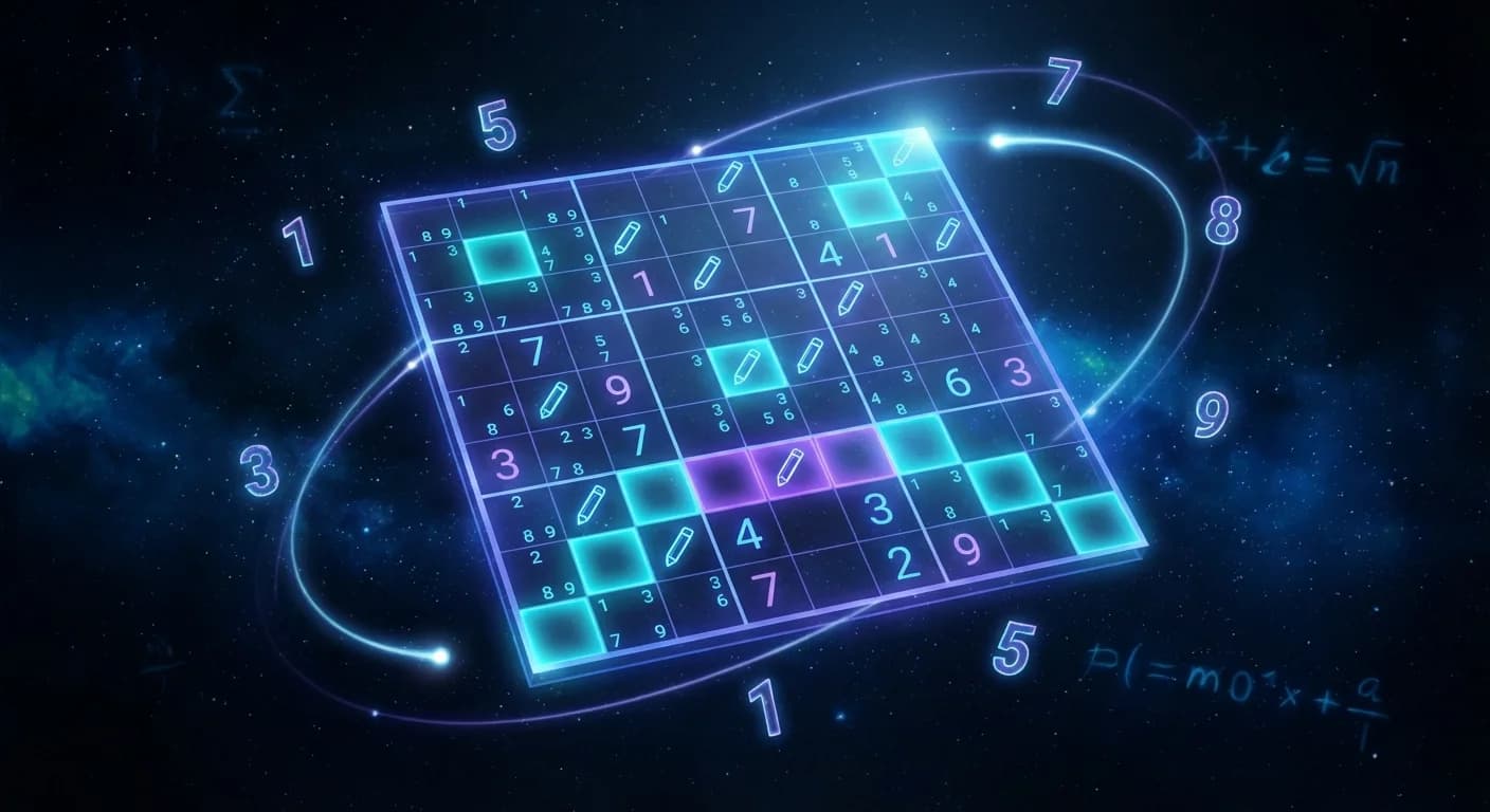 Advanced Sudoku solving visualization with glowing candidates and patterns