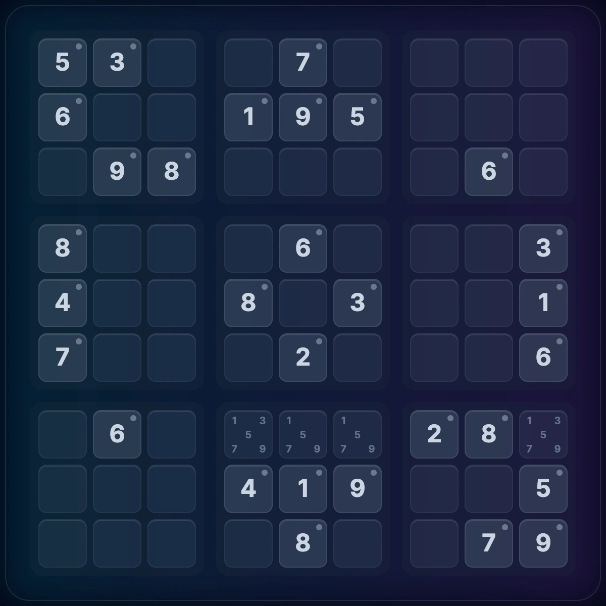 Hidden single demonstration showing a digit that can only go in one cell within a box