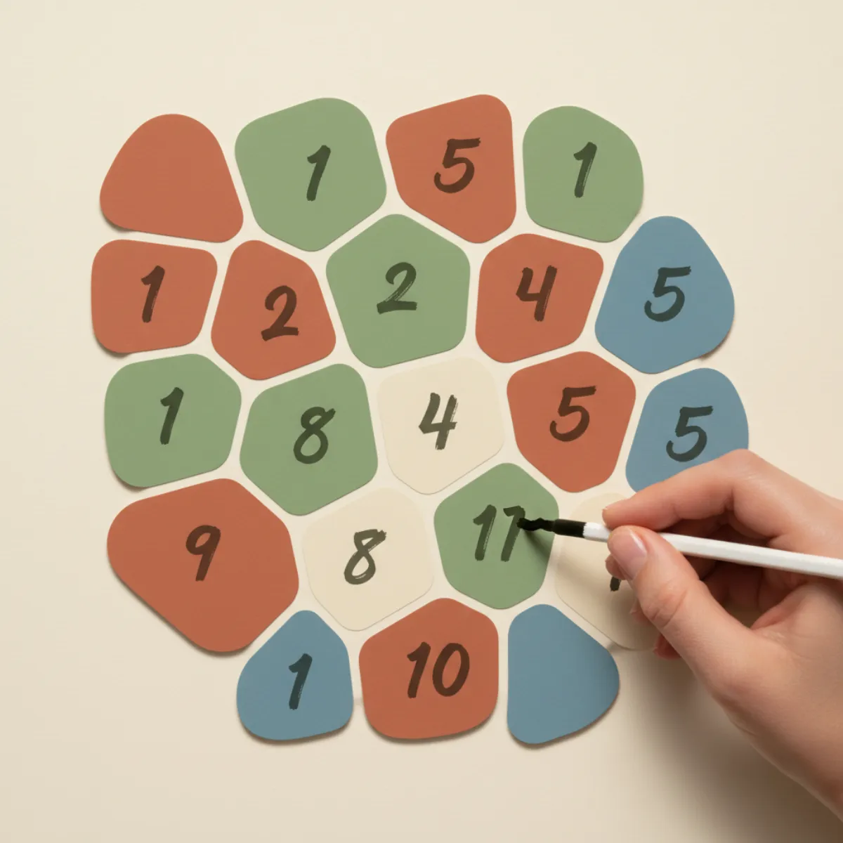 Suguru puzzle with colorful irregular regions being solved