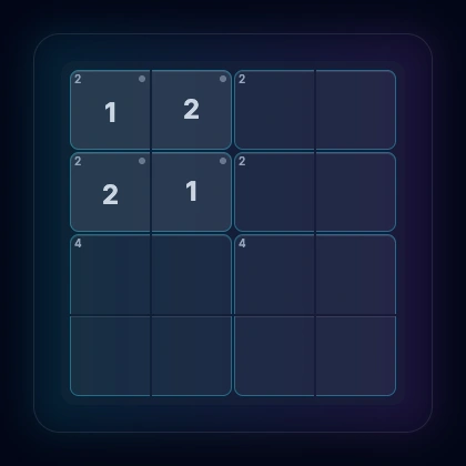 4x4 grid showing two adjacent 2-cell regions with forced pattern