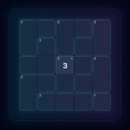 5x5 grid with 3 placed showing all 8 neighbors eliminated