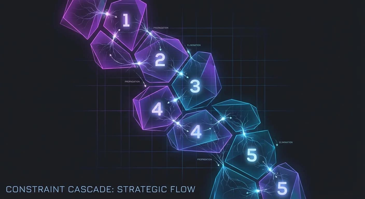 Abstract visualization of cascading constraint elimination in Suguru puzzles