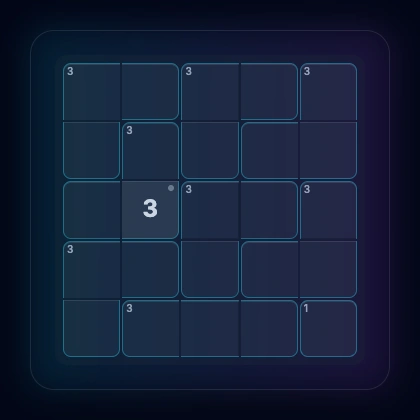 5x5 Suguru grid showing center cell with 3 and all 8 neighbors affected