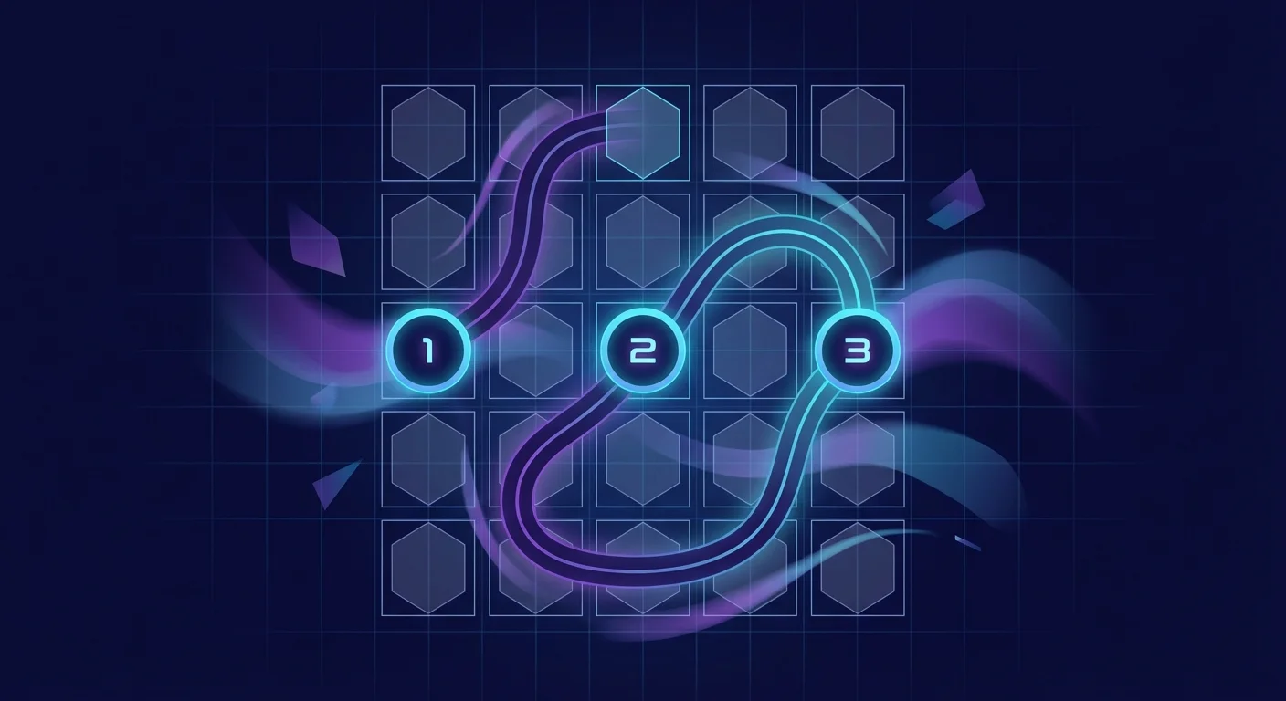 A stylized visualization of a Zip puzzle with numbered checkpoints and a flowing path